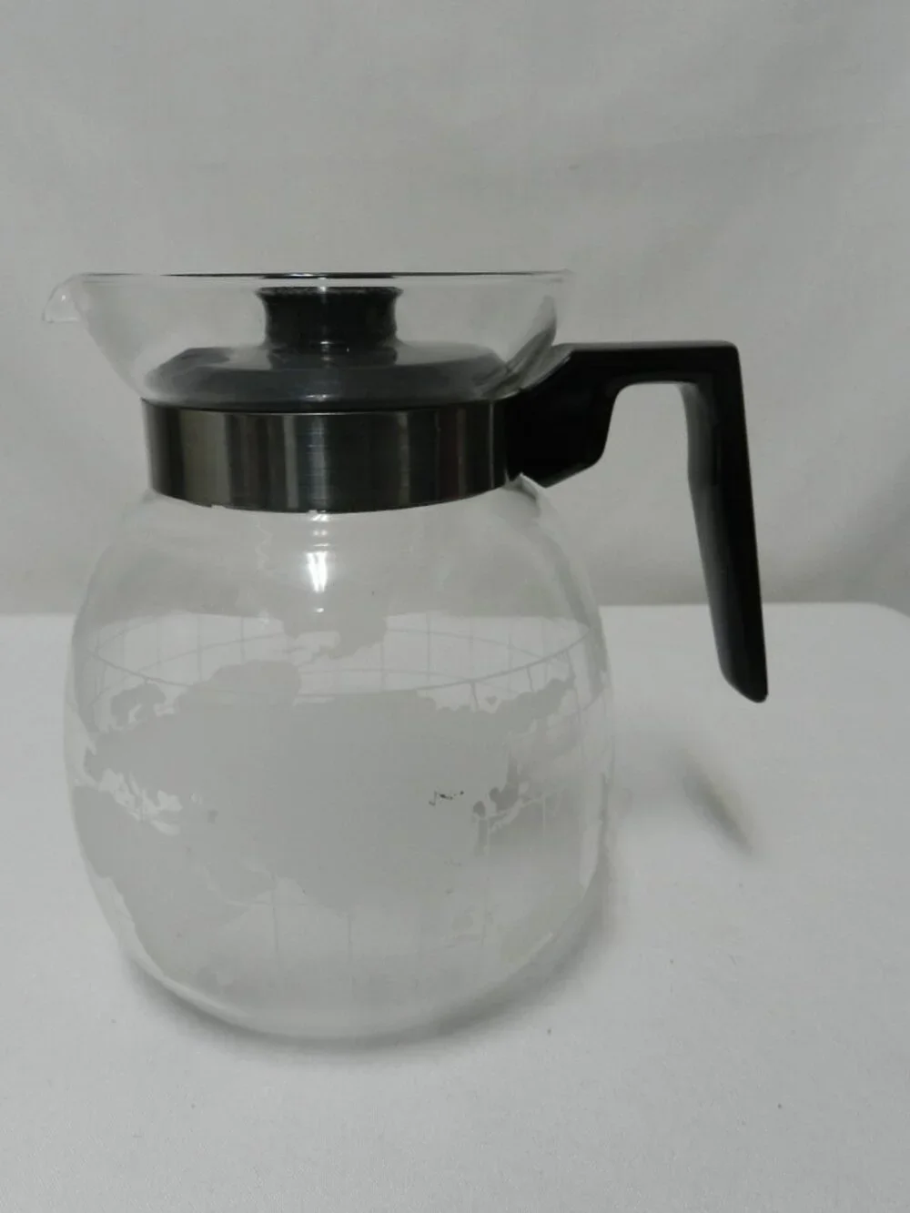NESCAFE Vintage Frosted Etched Glass World Globe Coffee Pot Black Plastic w/Lid